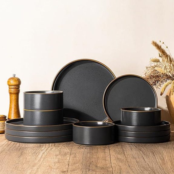 LERATIO Ceramic Dinnerware Set for 4 Ashen Gold Rim