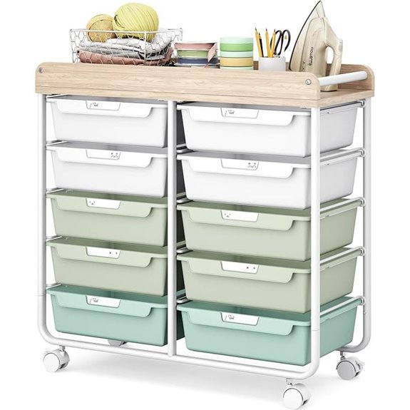 Rolling Storage Cart with Wooden Tabletop (Green)