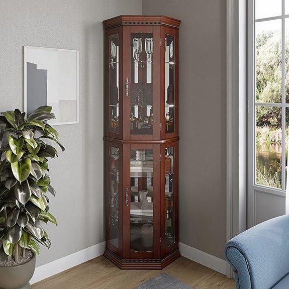 BELLEZE Lighted Wooden Corner Curio Cabinet with Shelves