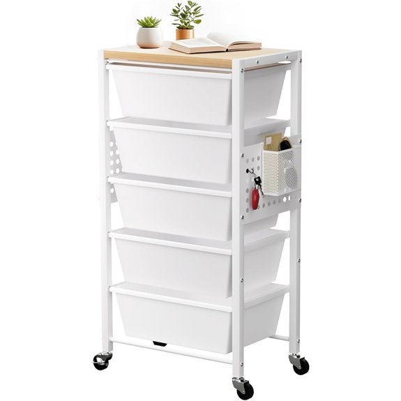 Rolling Cart with 5 Drawers and Wooden Tabletop
