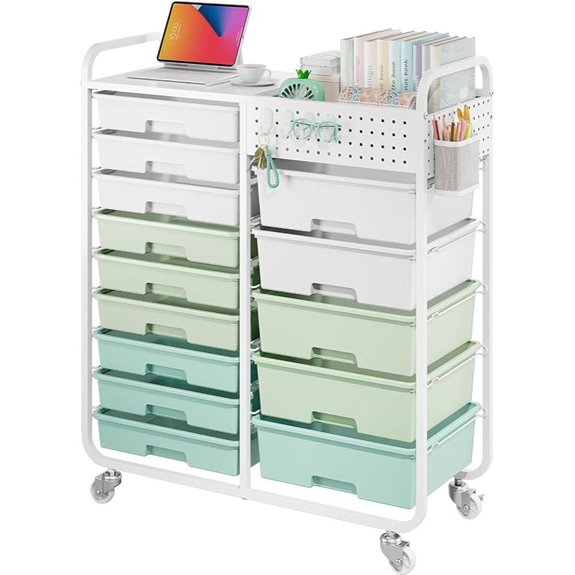 Rolling Storage Cart with 14 Drawers and Pegboard