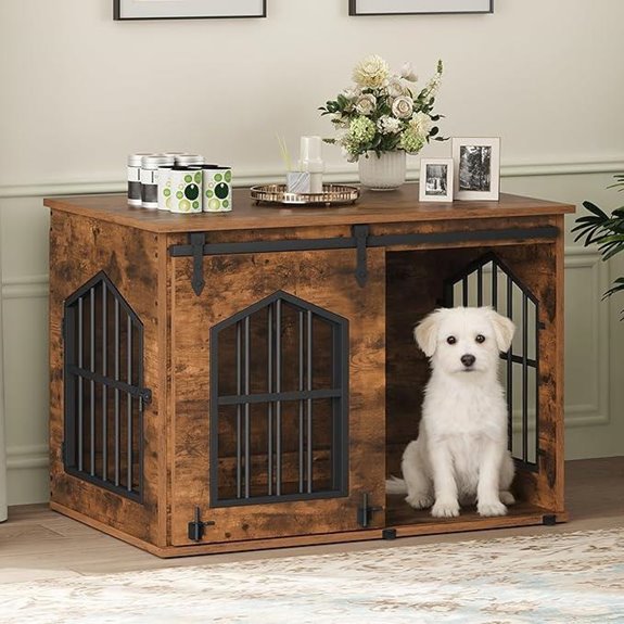 Rustic Wooden Dog Crate with Barn Door & Table