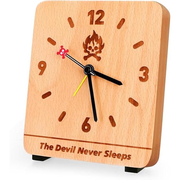Beech Wooden Skull Alarm Clock Non-Ticking Sweep Hand