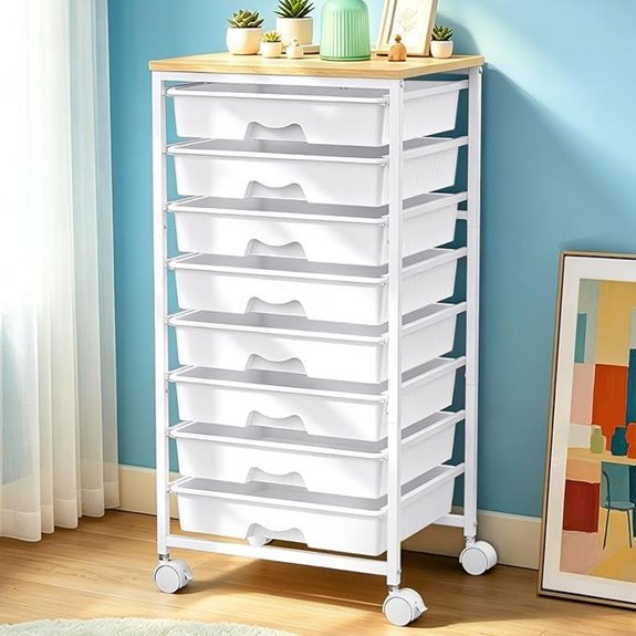 SUNALLY 8-Drawers Rolling Cart with Wooden Top